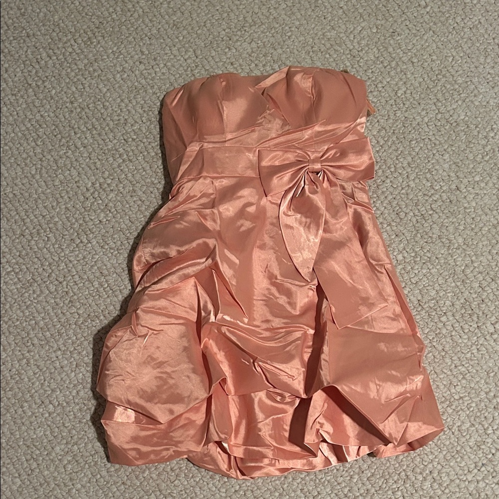 Strapless Peach Satin Dress with Bow